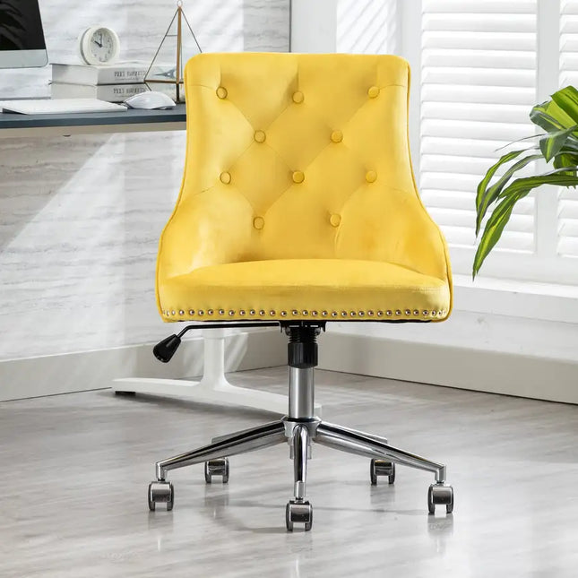 Silla de escritorio de oficina con respaldo medio, silla moderna de terciopelo capitoné para computadora, silla giratoria de altura ajustable con ruedas y base de metal con brazos para estudio, sala de estar y dormitorio