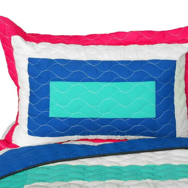 [Sea's Passion] Vermicelli-Quilted Patchwork Geometric Quilt Set Full/Queen