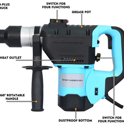 Rotary Hammer 1100W 1-1/2" SDS Plus Rotary Hammer Drill 3 Functions(Blue + Black)