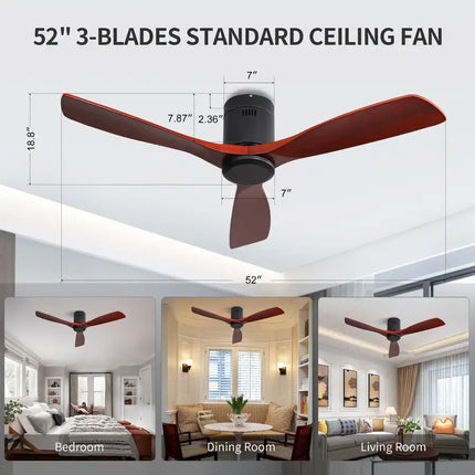 Ceiling Fan ; Remote Control; 52" Matte Black Indoor Outdoor Wood Ceiling Fan with 3 Fan Blades; Noiseless Reversible DC Motor for Patio Living Room; Bedroom; Office; Matte Black