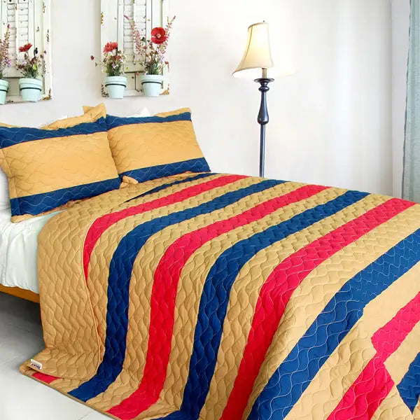 [Tender Night] 3PC Vermicelli-Quilted Patchwork Quilt Set (Full/Queen Size)