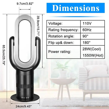 26 inch Space Heater Bladeless Tower Fan, Heater & Cooling Combo, with Remote Control, for Home Air Conditioner-black