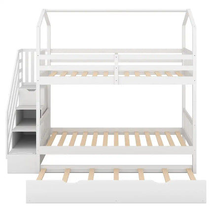 Multifunctional Twin over Twin House Bunk Bed with Staircase and Storage Space