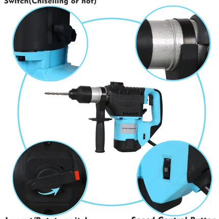 Rotary Hammer 1100W 1-1/2" SDS Plus Rotary Hammer Drill 3 Functions(Blue + Black)