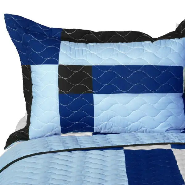 [Blue Field] 3PC Vermicelli - Quilted Patchwork Quilt Set (Full/Queen Size)