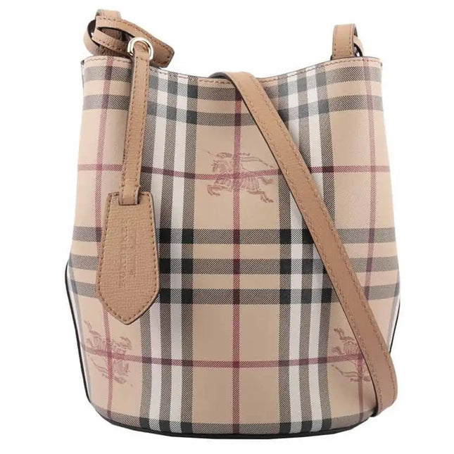 NEW Burberry Beige/Brown Haymarket Check Leather Bucket Crossbody Bag