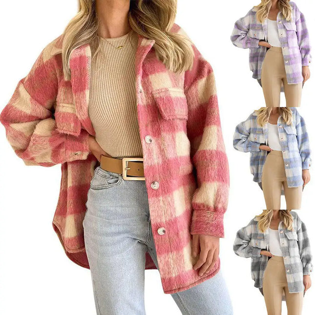 Women Fashion Plaid Mohair Coat Tweed Thick Jacket