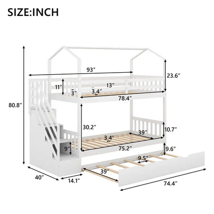 Multifunctional Twin over Twin House Bunk Bed with Staircase and Storage Space