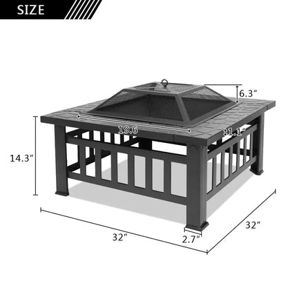 32 Inch Heavy Duty 3 in 1 Metal Square Patio Firepit Table BBQ Garden Stove with Spark Screen Cover Log Grate and Poker for Outside Wood Burning and Drink Cooling