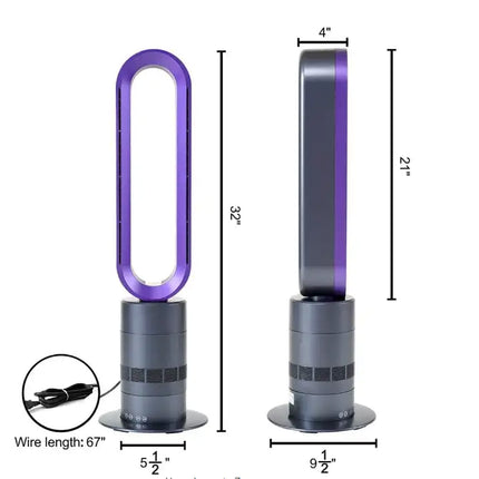 32 in. Space Heater Bladeless Tower Fan, Heater & Fan Combo, 9H Timer 10 Speeds with Remote Control for Home-Purple