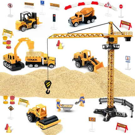 Construction Toys with Crane, Construction Vehicles Playset for Kids, Matchbox Bulldozer, Forklift, Steamroller, Dump, Cement Mixer, Excavator, Engineering Crane RT