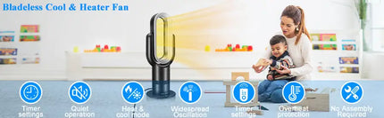 HealSmart 26-inch Space Heater Bladeless Tower Fan; Heater &amp; Coolingn Combo; with Remote Control; for Home Air Conditioner; black