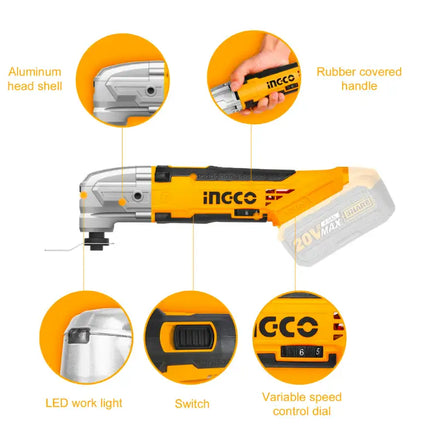 INGCO 20V Cordless DIY Oscillating Tool Kit with 8 PCS Accessory Kit;  Battery and Charger Included CMLI2001A
