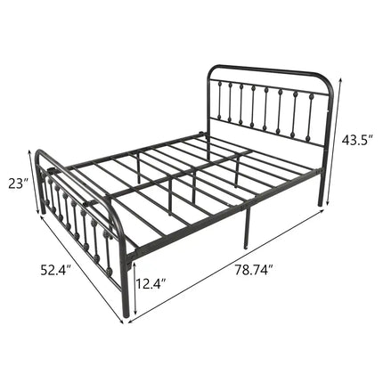 Vintage Style Platform Metal Bed Frame Foundation Headboard Footboard Heavy Duty Steel Slats, Full Black
