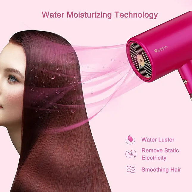 Water Ionic Hair Dryer, 1800W Blow Dryer with Magnetic Nozzle, 2 Speed and 3 Heat Settings, Powerful Low Noise Fast Drying Travel Hair Dryer for Home, Travel and Salon, Pink