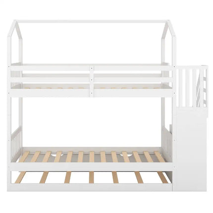 Multifunctional Twin over Twin House Bunk Bed with Staircase and Storage Space