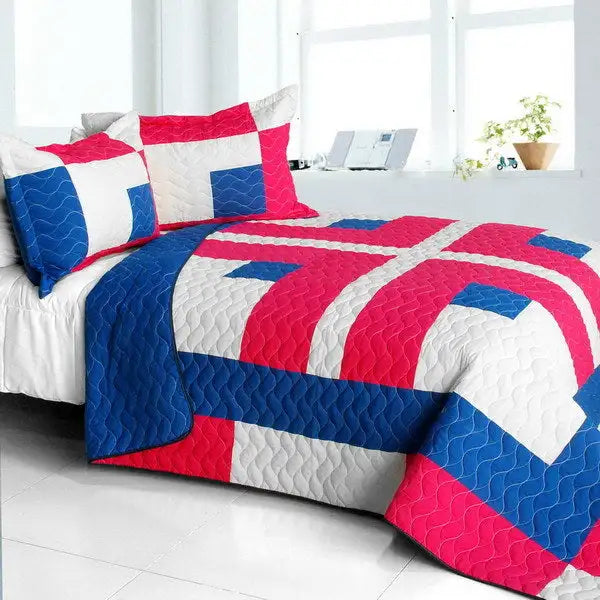 [Beginning] Vermicelli-Quilted Patchwork Geometric Quilt Set Full/Queen