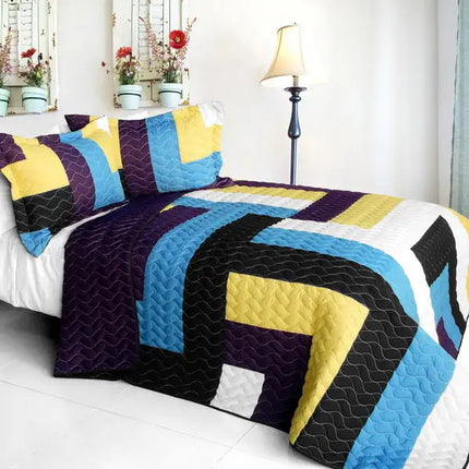 [Colors Quartet] 3PC Vermicelli-Quilted Patchwork Quilt Set (Full/Queen Size)