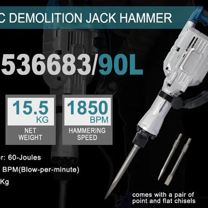 1700W 1900 BPM Electric Demolition Jack Hammer 1-1/8 Inch SDS-Hex Heavy Duty Concrete Pavement Breaker Drills Kit