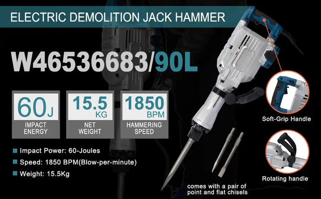 Martillo eléctrico de demolición, 1700W, 1900 BPM, 1-1/8 pulgadas, SDS-Hex, Kit de taladros rompedores de pavimento de hormigón de alta resistencia