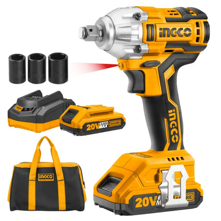 INGCO 20V Cordless Impact Wrench Set;  Brushless 1/2 Inch Impact Wrench 300NM with 2 PCS Batteries;  1 Hour Fast Charger;  3pcs Sockets CIWLI2001A