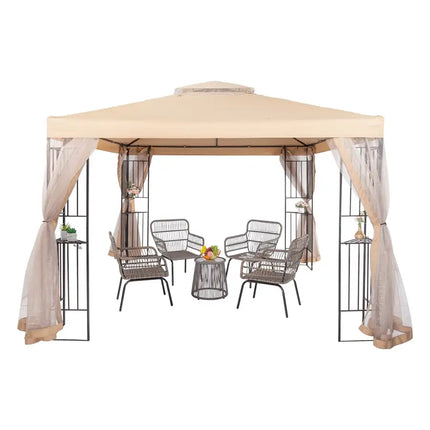 10' x 10' Steel Outdoor Patio /Gazebo /Garden Canopy with Removable Mesh Curtains,Double Tier Roof , & Steel Frame, Beige Top Cloth - Vickie Lynn's