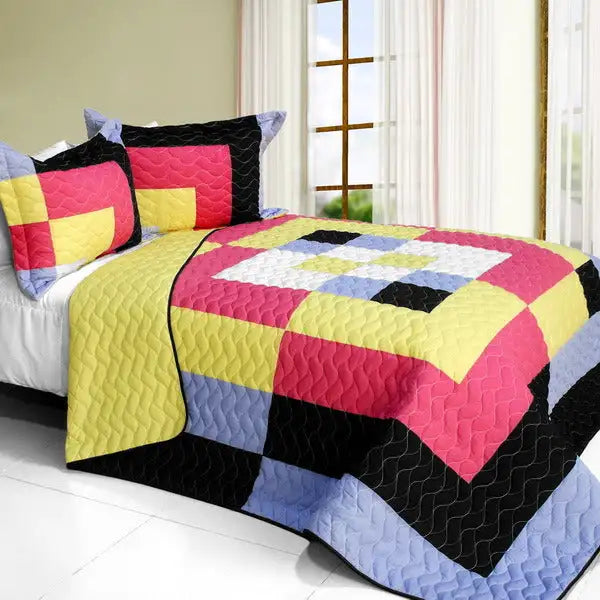 [Charming Perfume] 3PC Vermicelli-Quilted Patchwork Quilt Set (Full/Queen Size)