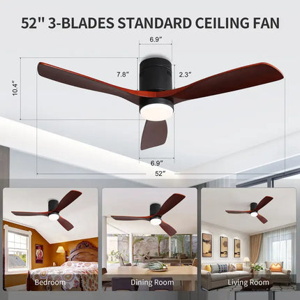 Ceiling Fan with Lights; Remote Control; 52" Matte Black Indoor Outdoor Wood Ceiling Fan with 3 Fan Blades; Noiseless Reversible DC Motor for Patio Living Room; Bedroom; Office; Matte Black