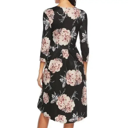 Women's Dress Floral Print 3/4 Sleeve Pockets Casual Swing Pleated Long Dress