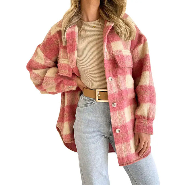 Women Fashion Plaid Mohair Coat Tweed Thick Jacket