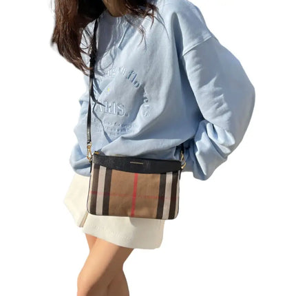 NEW Burberry Brown/Black Derby Peyton House Check Coated Canvas Clutch Crossbody Bag