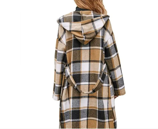 Flannel Plaid Belted Hooded Trench Coat