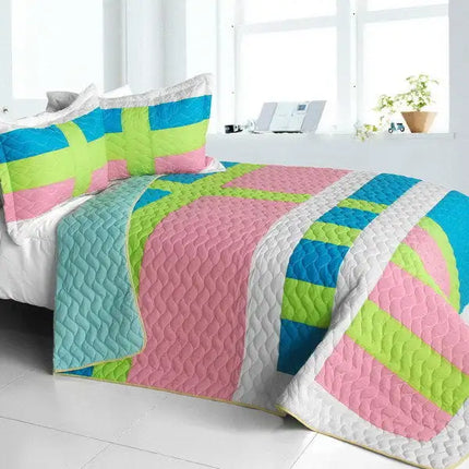 [Lollipops - A] Vermicelli-Quilted Patchwork Geometric Quilt Set Full/Queen