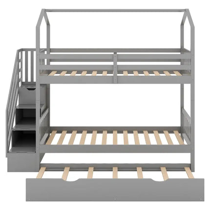 Multifunctional Twin over Twin House Bunk Bed with Staircase and Storage Space