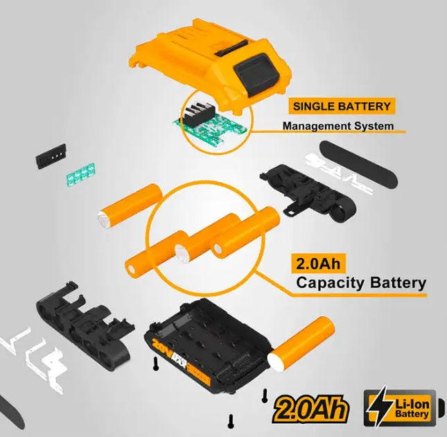 Paquete de baterías INGCO de 20 V y 2,0 Ah; Compatible con todas las herramientas eléctricas INGCO de 20 V; Cargador no incluido FBLI2001A