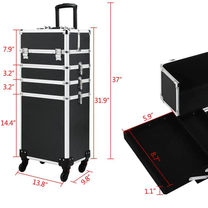 4-in-1 Makeup Travel Case with 360° Rolling Wheels, Locks, Keys and Adjustable Dividers, Black XH