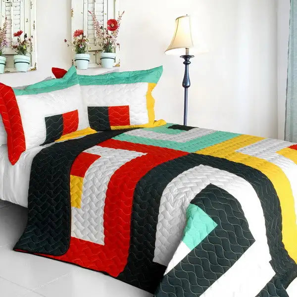 [Franceschi] Vermicelli-Quilted Patchwork Geometric Quilt Set Full/Queen