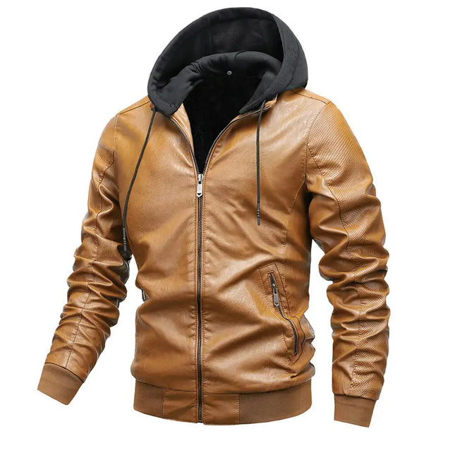 Chaqueta de cuero informal holgada con capucha clásica para hombre