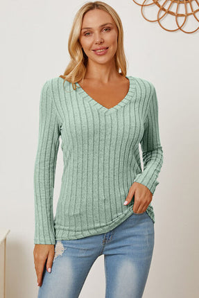Basic Bae Full Size Ribbed V-Neck Long Sleeve T-Shirt - Vickie Lynn's