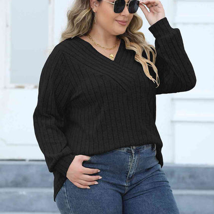 Plus Size Ribbed V-Neck Long Sleeve Top