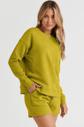 Double Take Full Size Texture Long Sleeve Top and Drawstring Shorts Set - Vickie Lynn's