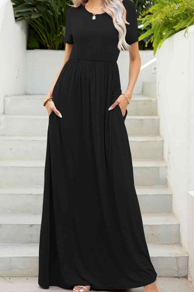 Round Neck Maxi Tee Dress with Pockets - Vickie Lynn's