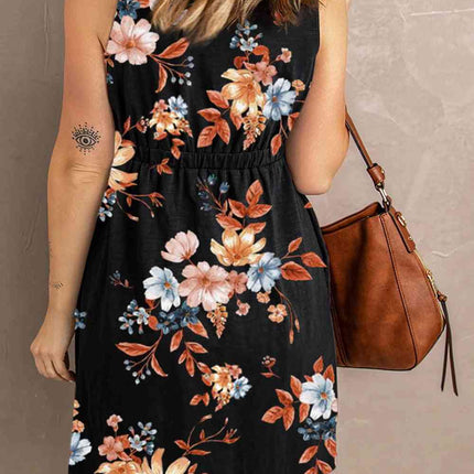 Double Take Printed Scoop Neck Sleeveless Buttoned Magic Dress with Pockets