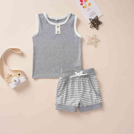 Decorative Button Tank and Striped Shorts Set