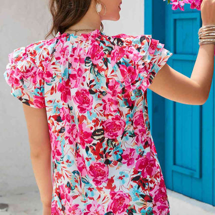 Floral Tie Neck Flutter Sleeve Blouse