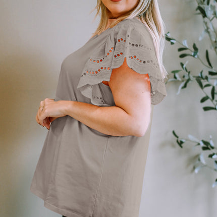 Plus Size Eyelet Round Neck Short Sleeve Blouse