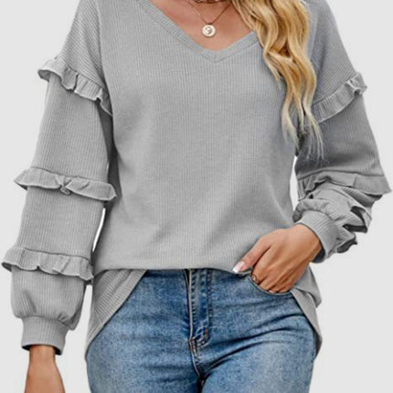 Ruffled V-Neck Long Sleeve T-Shirt
