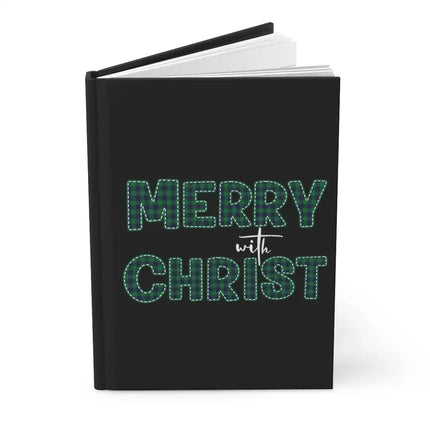Stationary, Hardcover Journal Notebook, Merry With Christ, Green Plaid Christmas Holiday Pattern Print