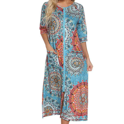 Printed Slit Night Dress with Pockets