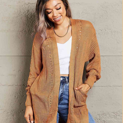 Woven Right Openwork Rib-Knit Slit Cardigan